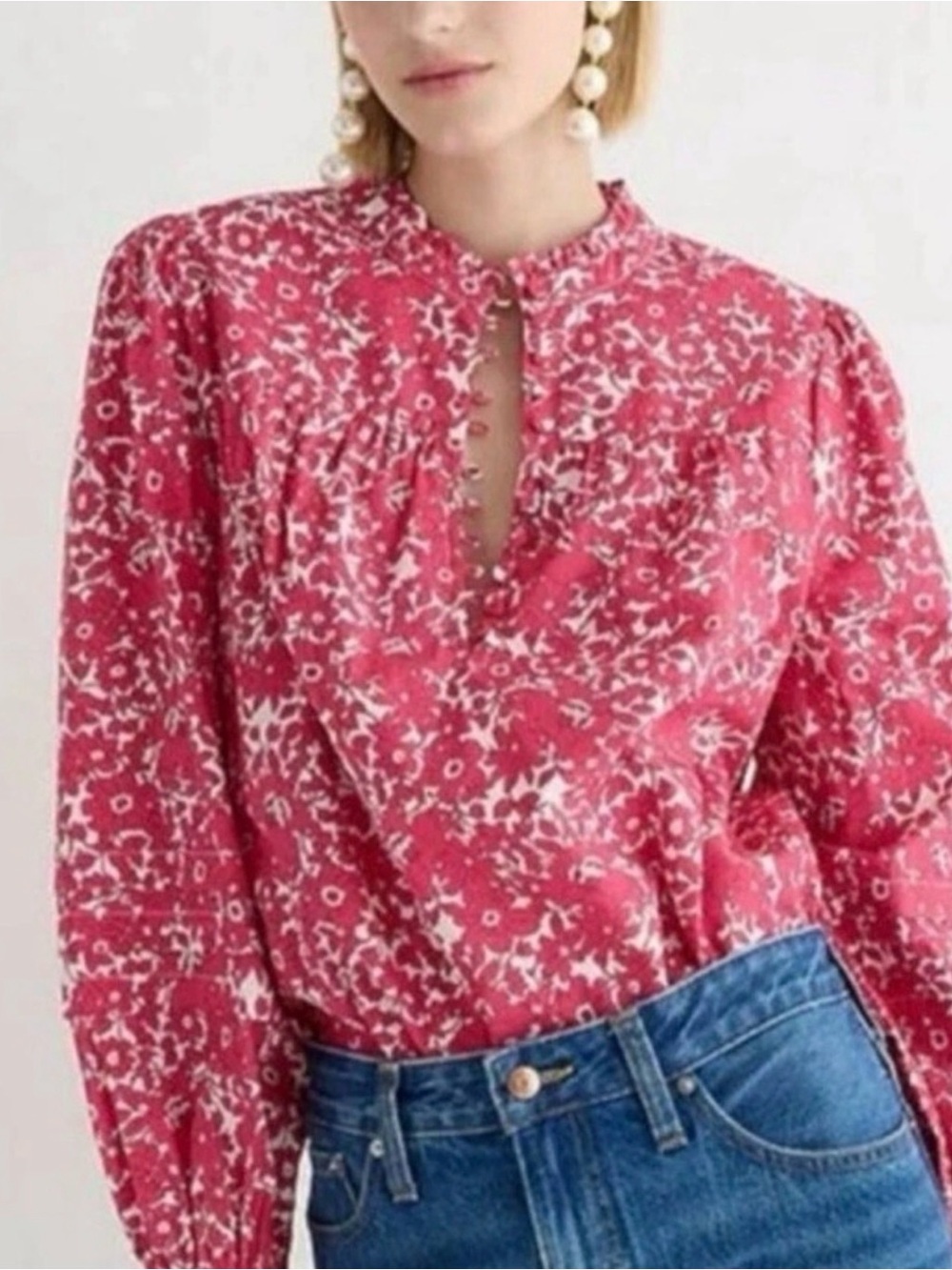 J. Crew Red and White Floral Peasant Blouse NWOT
